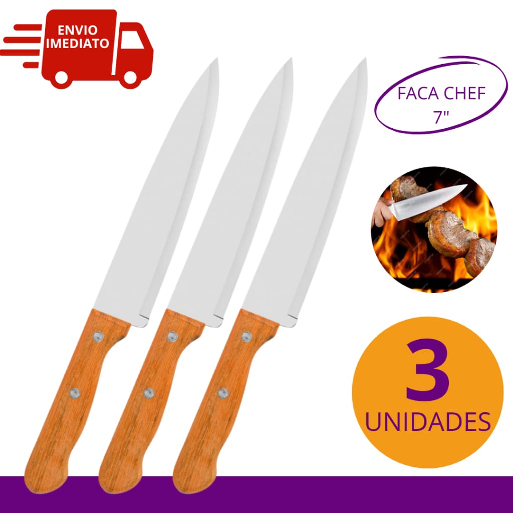 Kit 3 Facas do Chef 7" Faca Cabo de Madeira Aço Inox Afiada Faca Peixeira Cortar Verduras Carnes Cozinha