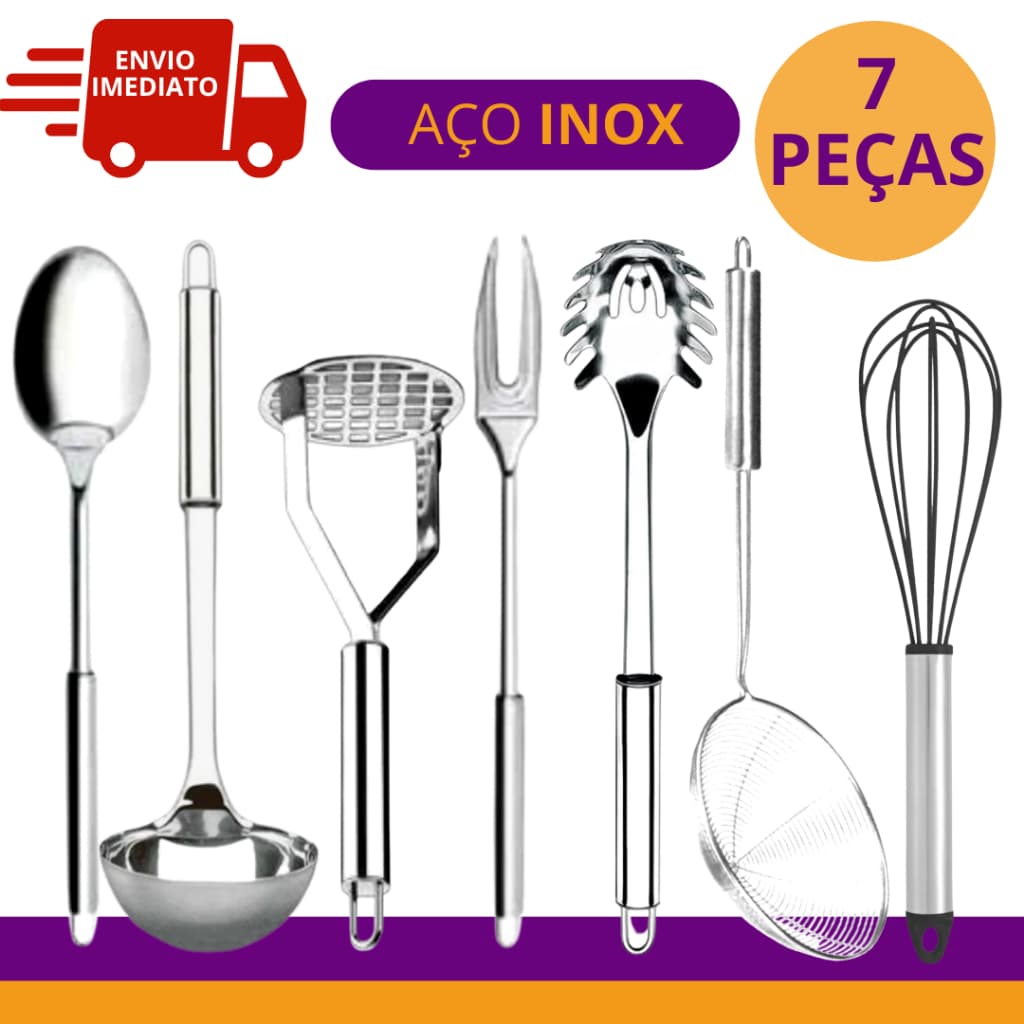 Kit 7 Utensílios Para Cozinha Completo Colher Concha Amassador Trinchante Pegador Escumadeira Fue