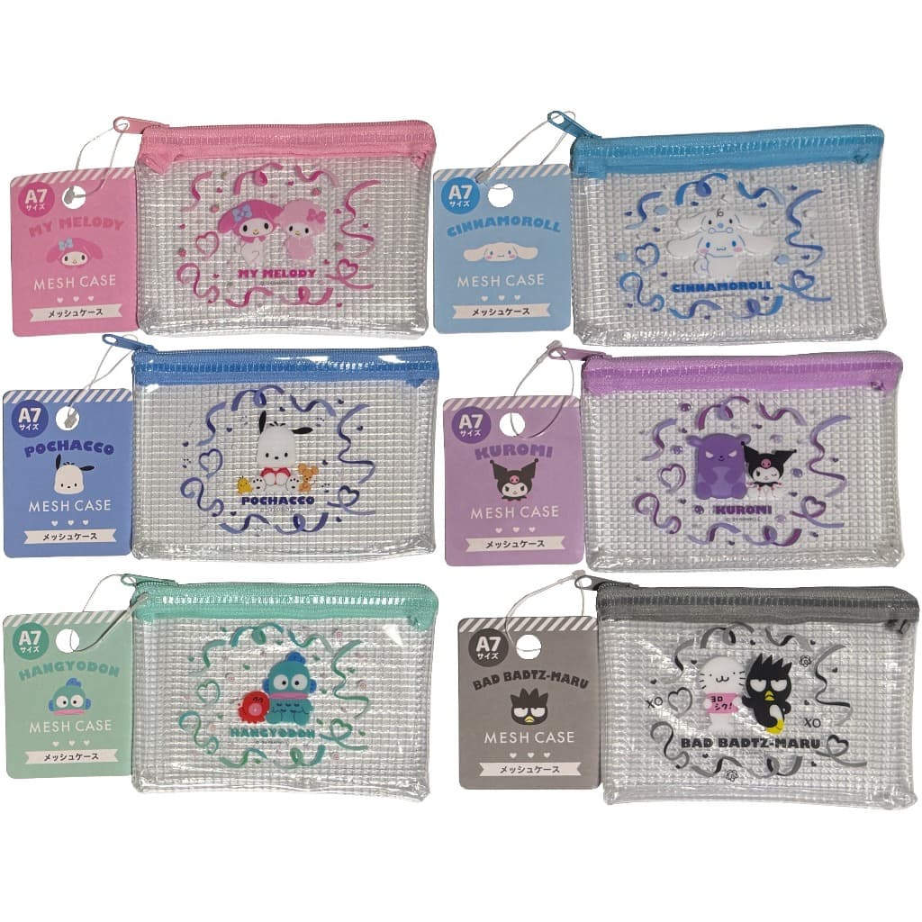 Direto Do Japão Bolsa Plana De Vinil Sanrio Mesh A7size 12 8.7 cm De Acessórios Para Moedas Com Zíper (My Melody , Cinnamoroll , Pochacco , Kuromi , Hangyodon , Bad Badtz-Maru)