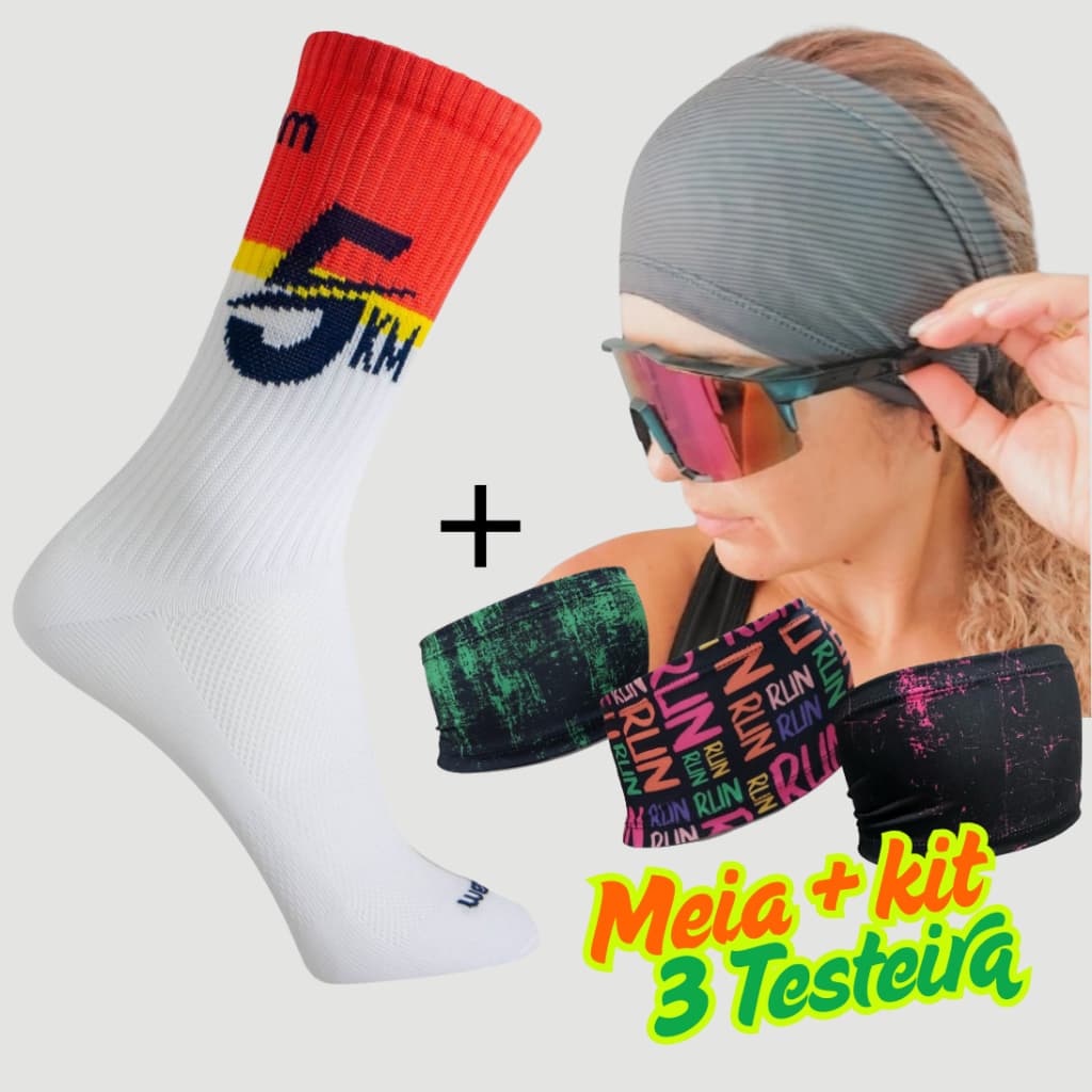 Meia Corrida Poliamida + Kit 3 Testeiras Headband