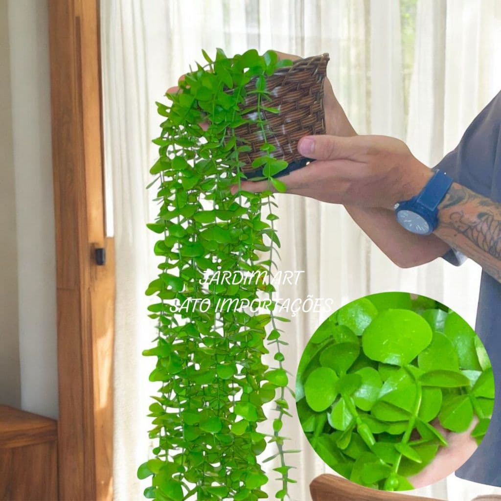 Planta Decorativa + Vaso Trançado Marrom Pendentes Artificial Folhas SUCULENTA 120cm PT15