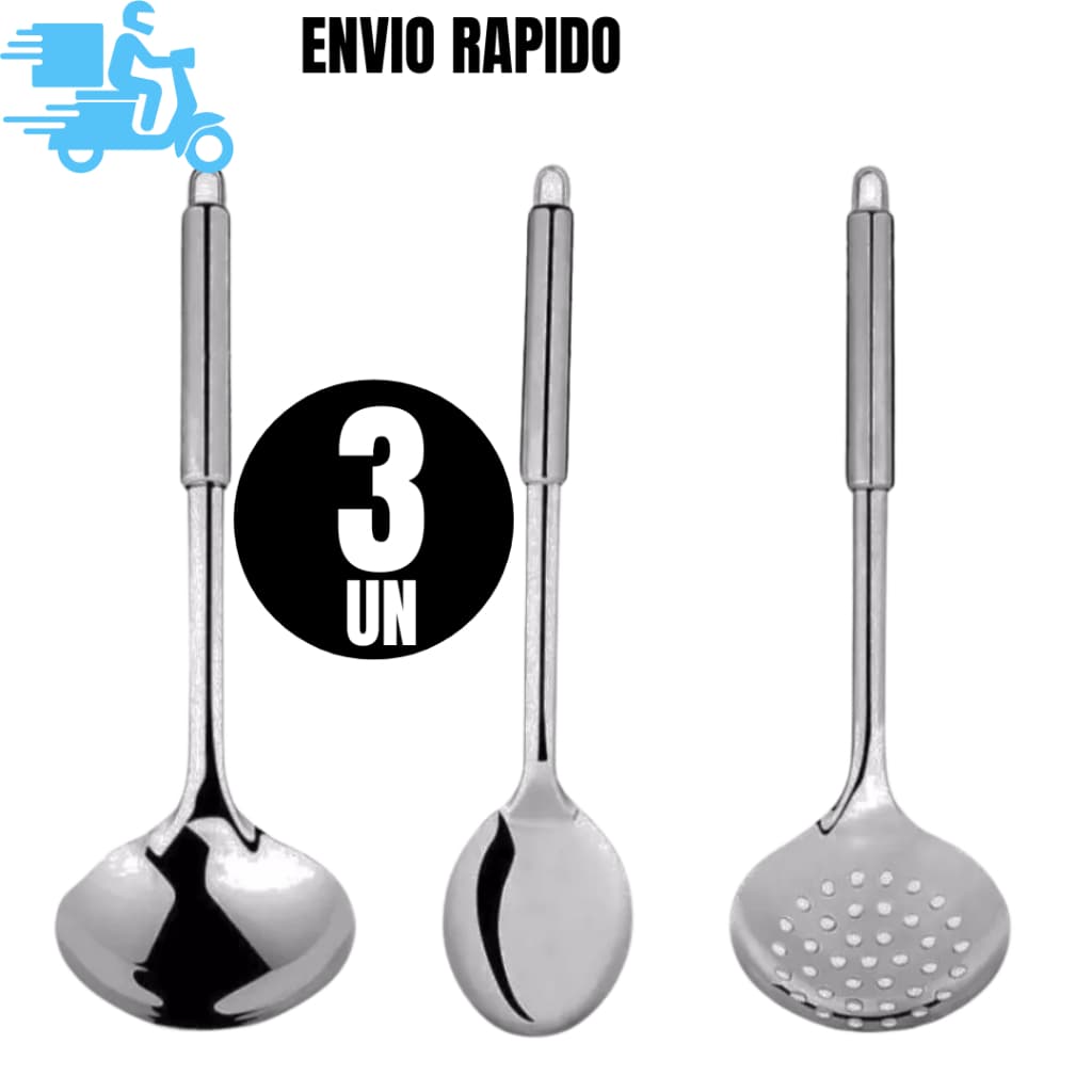 Conj 3 Peças De Utensílios De Cozinha 100% Inox Escumadeira Concha Colher de Arroz Para Cozinha