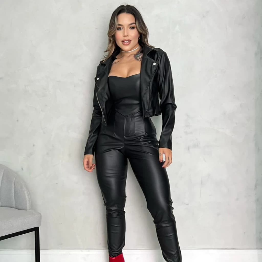 Blusa Jaqueta Couro Ecológico Feminina Jaqueta com Zíper e Bolso Lateral Fake Jaquetinha Feminina Courino