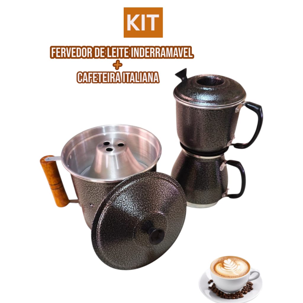 KIT:Fervedor de Leite Inderramável Leiteira + Cafeteira Italiana Econômica Alumínio - CAFE CHÁ LEITE com Praticidade🥇