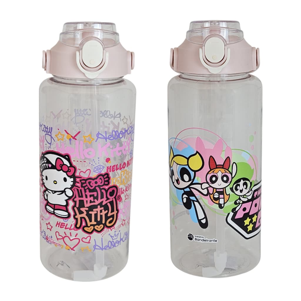 Kit 2 Garrafa Squeeze 2L Academia Hello Kitty E Meninas Com Canudo E Alça Retrátil Tampa Higiênica Trava De Segurança