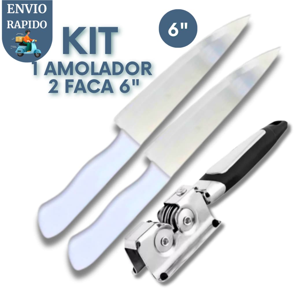 Kit 3 Peças Faca Dessoa Cabo Branco 6" + Amolador Manual Aço Inox  Açougue Churrascaria Restaurante