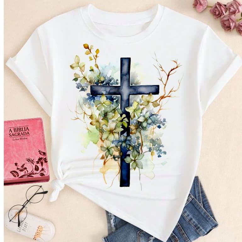 Blusa camiseta feminina cruz Jesus cristã gospel evangélica católica, CRUZ RAÍZES, t shirt religiosa yeshua