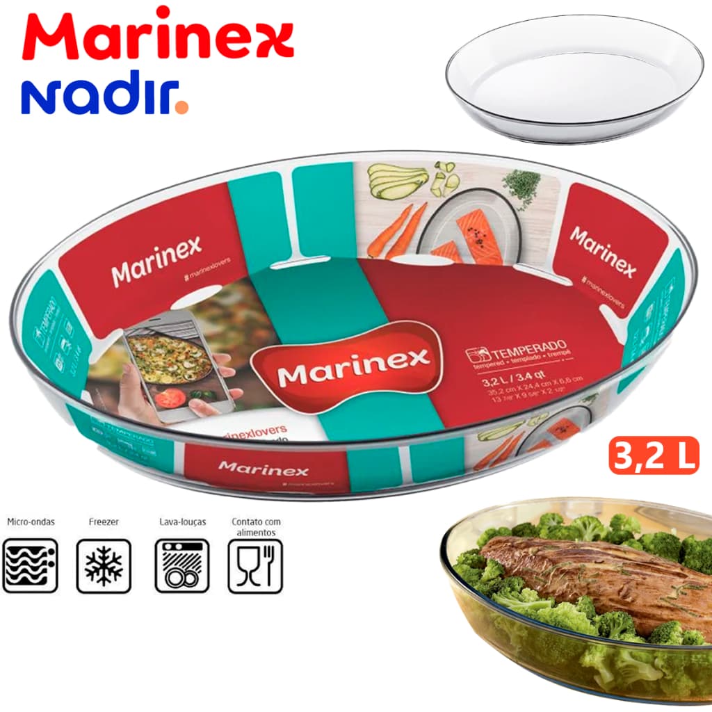 Travessa Oval Marinex Media  3,2L Nadir Vidro Temperado Mesa Posta Freezer Micro-ondas Lava-Louças
