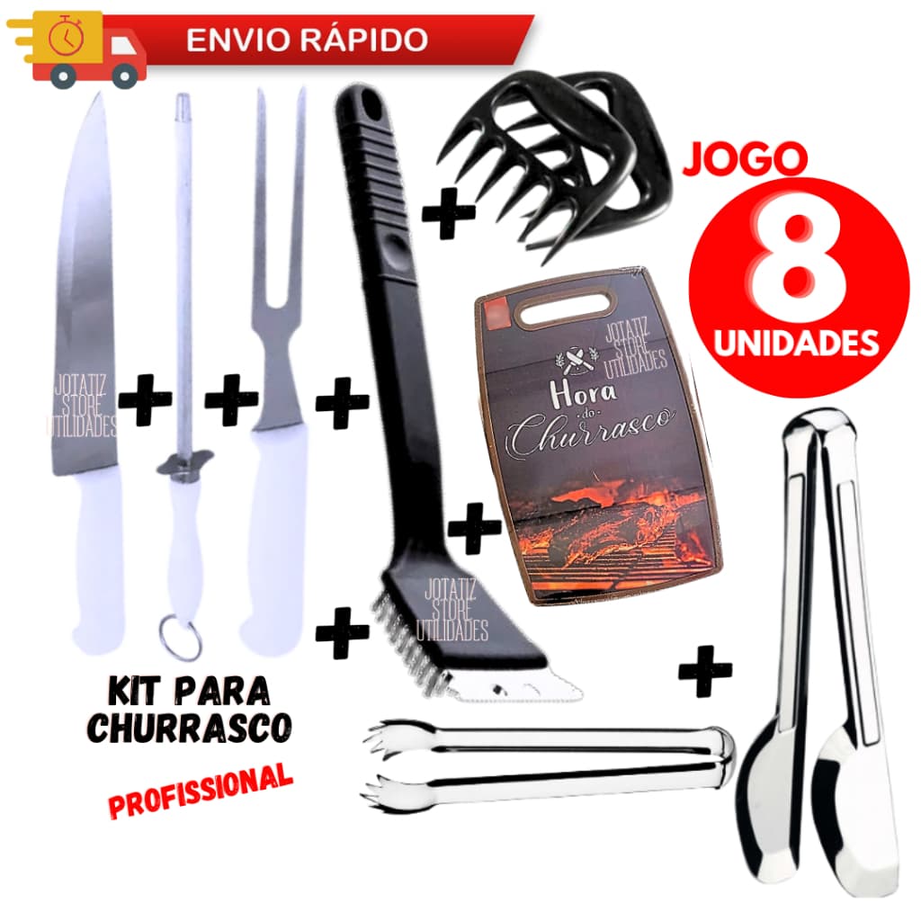Kit Churrasco Completo Top1 Faca Garfo Trinchante Chaira Amolador Pegadores Escova Limpa Grelha Tábua Garra De Urso