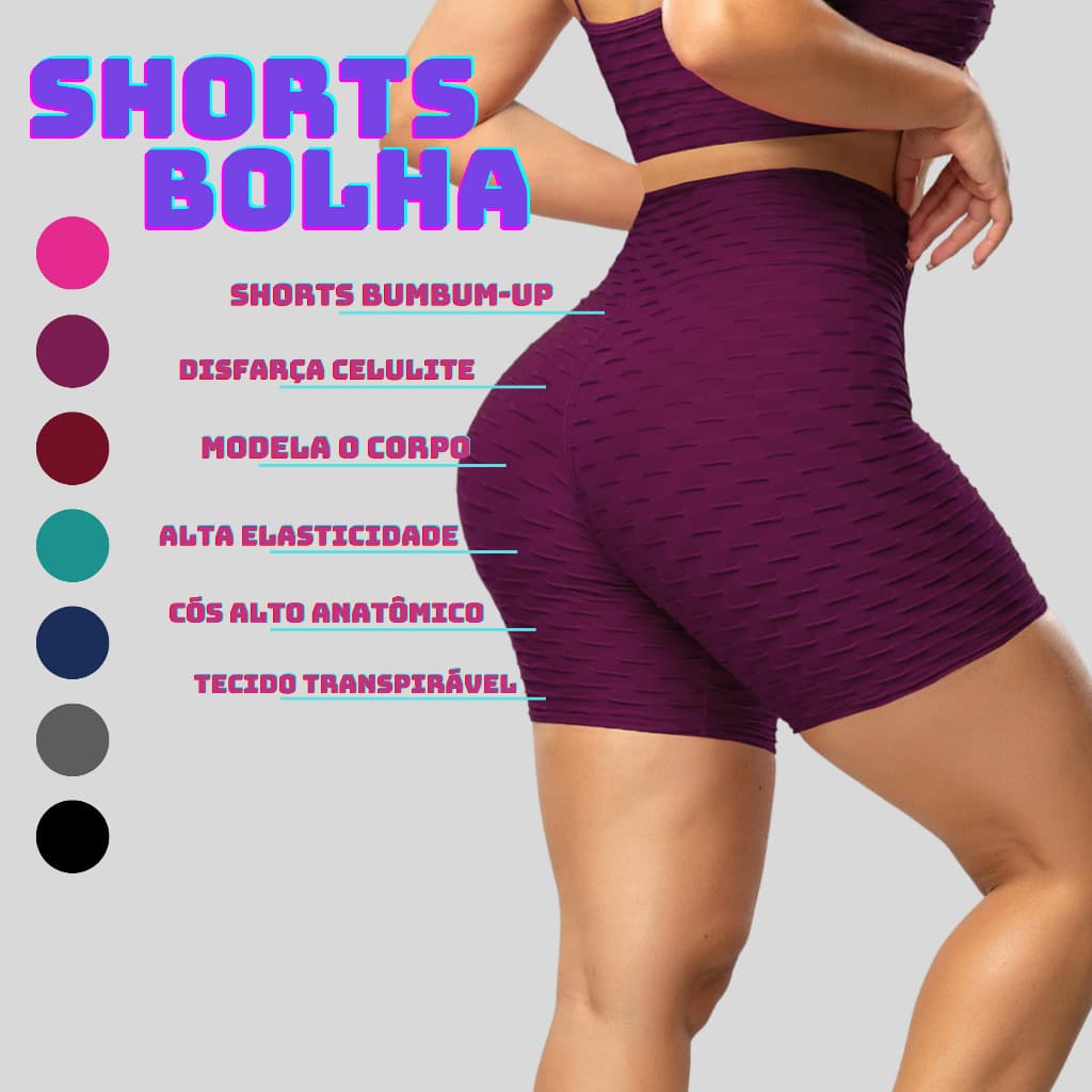 Bombey Shorts Feminino Bolha Suplex 3D Empina Bumbum Cós Alto de Compressão Academia Cintura Alta