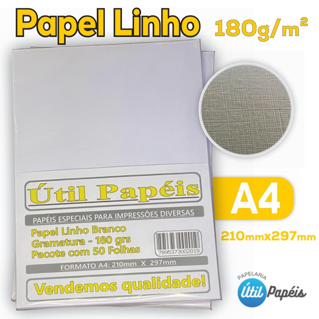 Papel Linho 180g Branco Pacote com 25/50 Folhas A4 210x297 Textura fina jato de tinta e laser