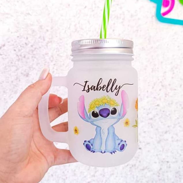 Copo Stitch de vidro jateado com tampa e canudo