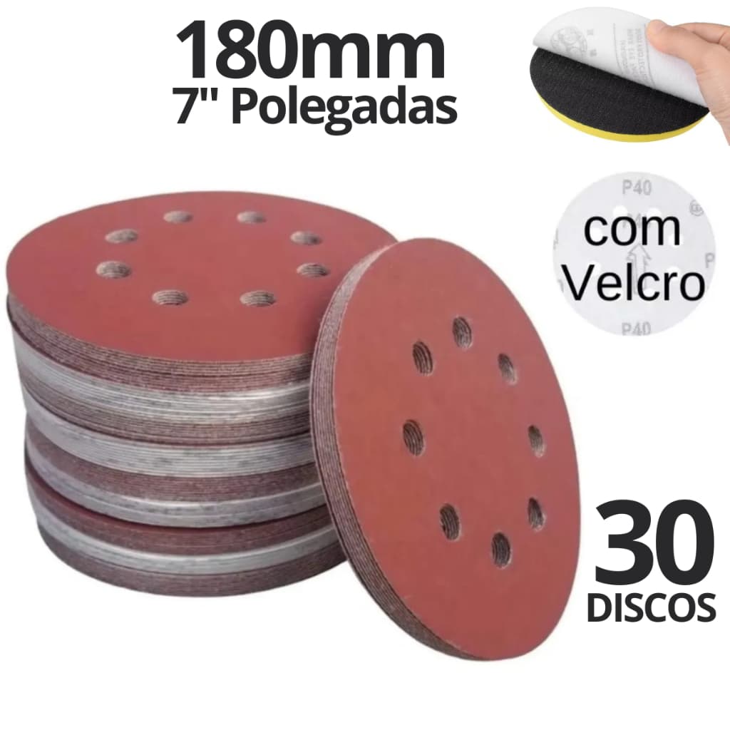 30x Disco De Lixa Com Velcro 7 Pol. 180mm com Furo - Kit Discos Lixas Vários Grãos - Escolher Grãos