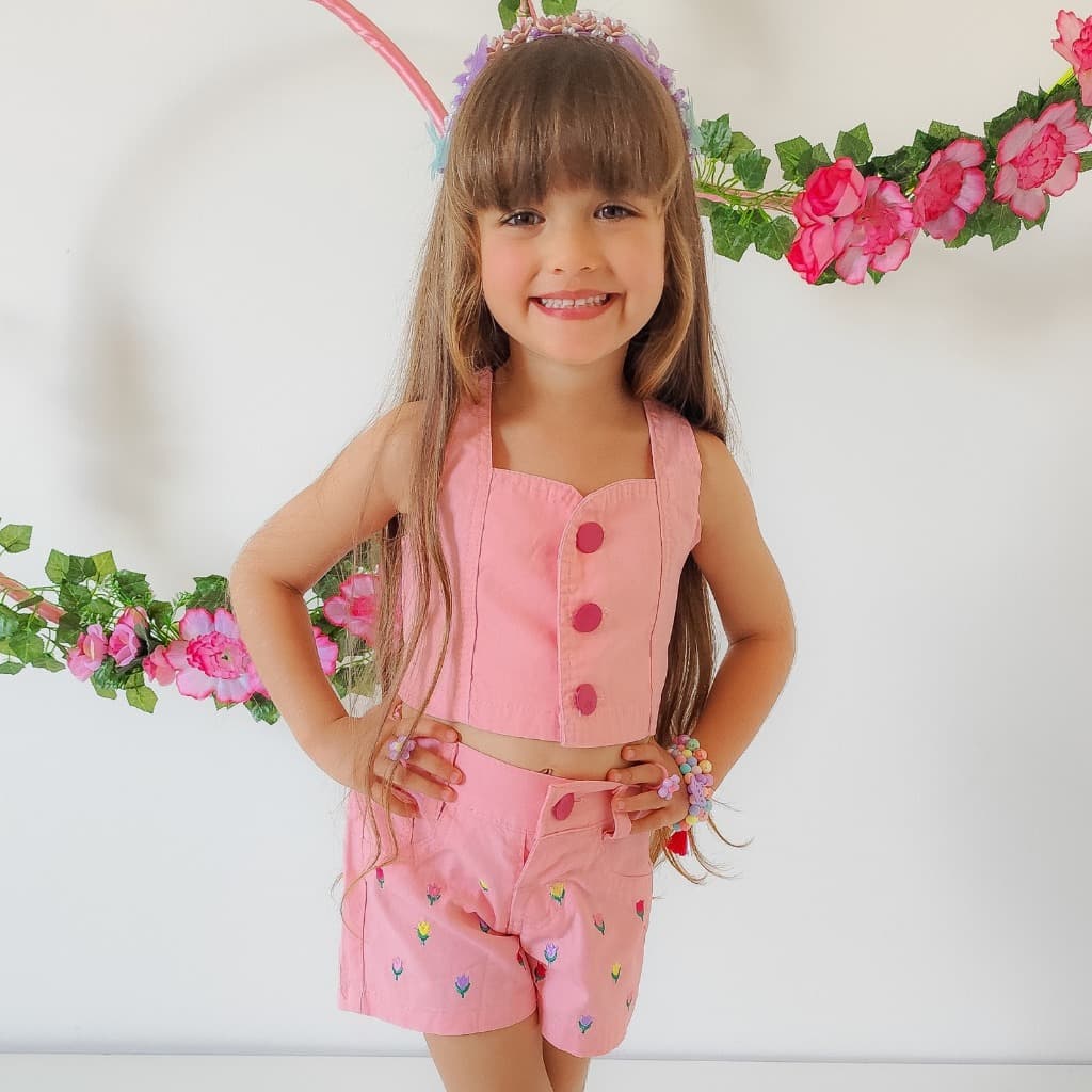 Conjunto Feminino Social Casual Short & Cropped Flor Sarja Menina Diva