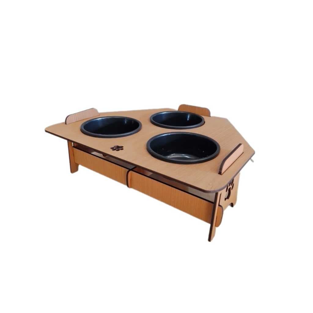 Comedouro Triplo  Elevado Para Gato e Cachorro Com 3  Tigelas MDF