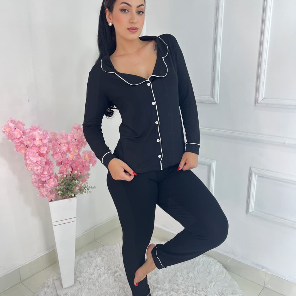 Conjunto Pijama blusa manga longa com calça Americano de botões