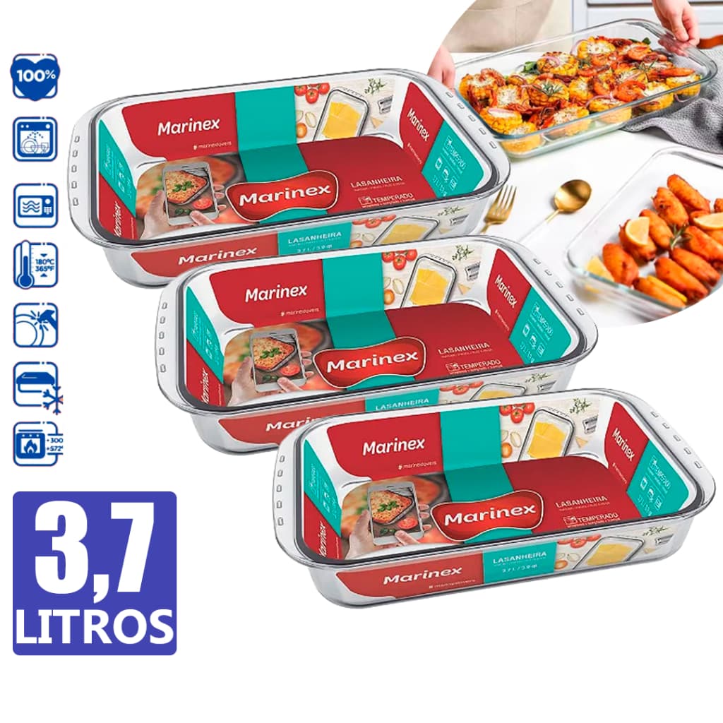 Jogo Kit 03 Assadeira Lasanheira Retangular Vidro Refratário 3,7LT Sobremesa Marinex Grande Funda