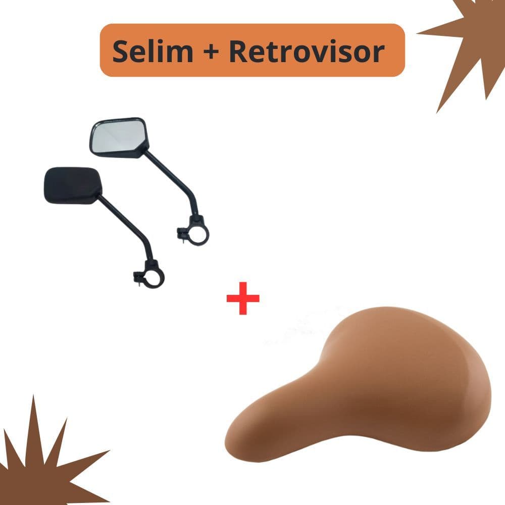 Banco Selim Tropical Ceci + Par Espelho Retrovisor Bicicleta Tropical Monark MTB Marrom