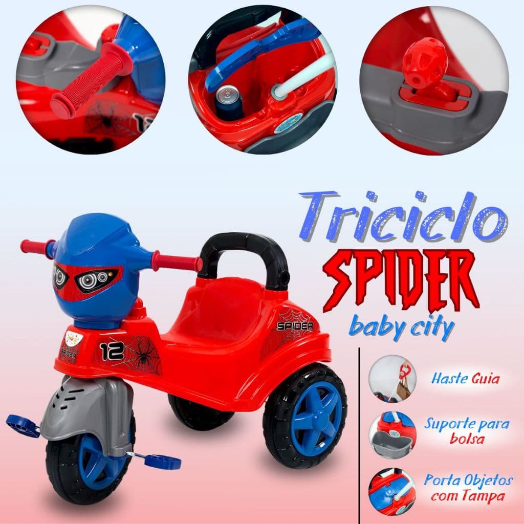 Baby City Triciclo Spider Menino Menina - Modo Passeio/Pedal, Seguro e Divertido, Com Porta Objetos, Registro Inmetro