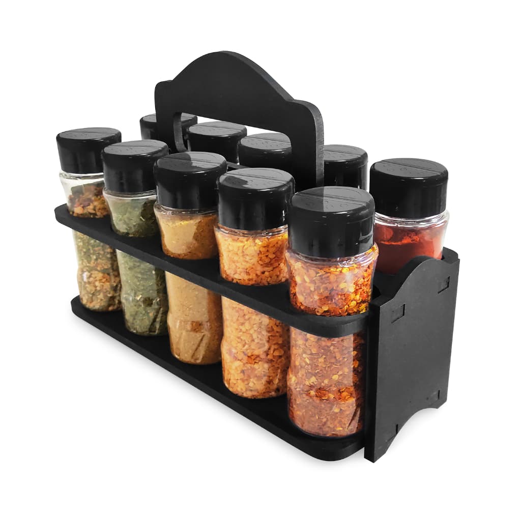 Kit Porta Tempero MDF 6mm Preto ou Bege com Alça + 10 Potes para Tempero e Especiarias 130ml Tampa Dosadora Dupla