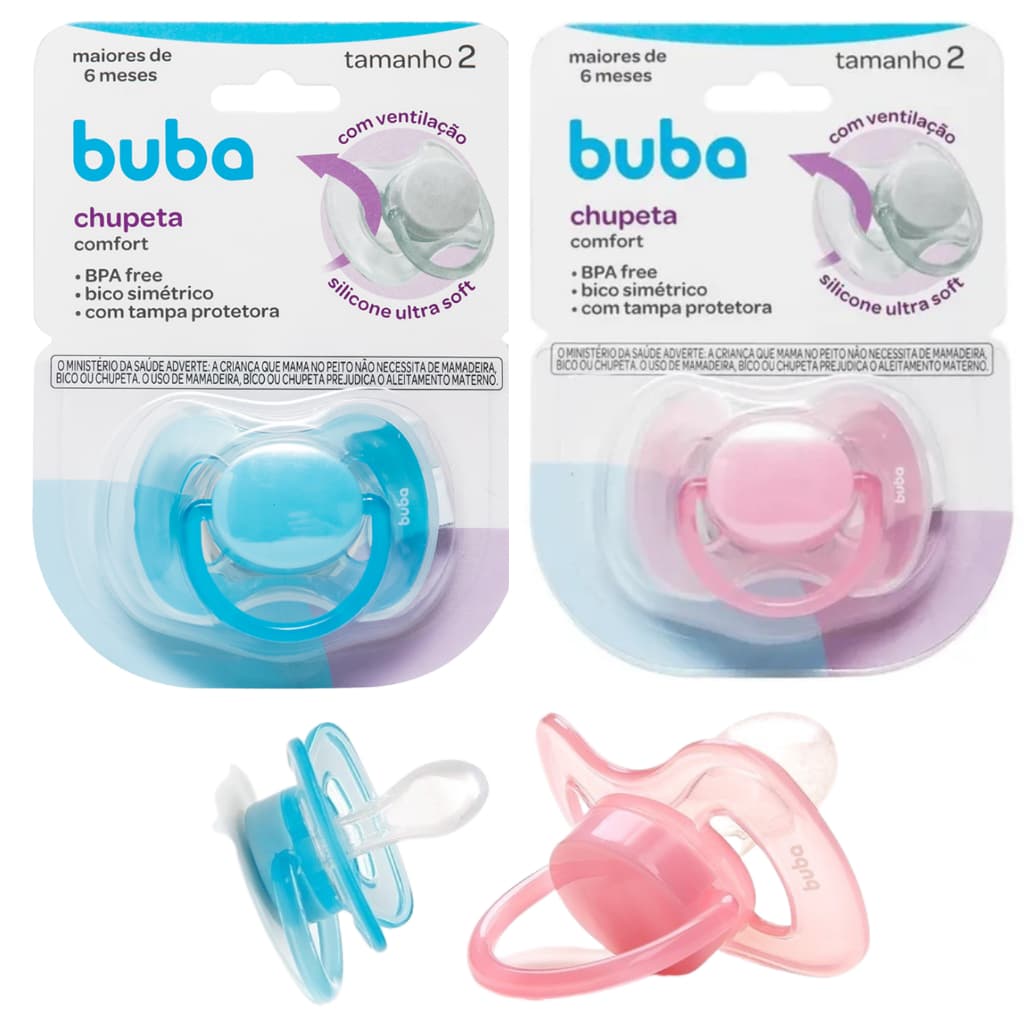 Chupeta Buba Comfort Ultra Soft p Bebe  + 6 Meses + 1 ano bico de Silicone Azul / Rosa