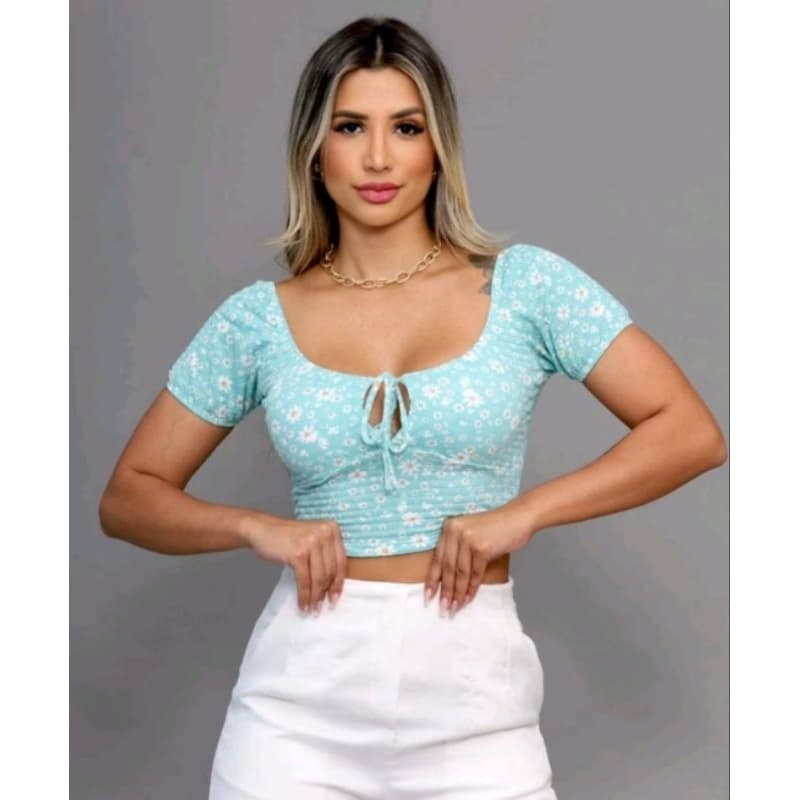 Cropped Blusa Feminina Croped Amarração Blusa Ombro a Ombro top floral delicado com bojo