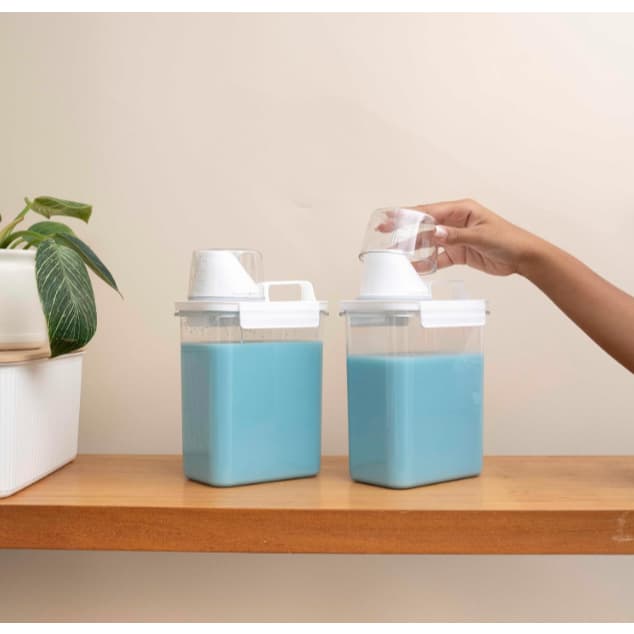 2 Potes Dispenser Frasco Multiuso Sabão Pó Amaciante 1,8L Dosador Hermético Lavanderia Organizada