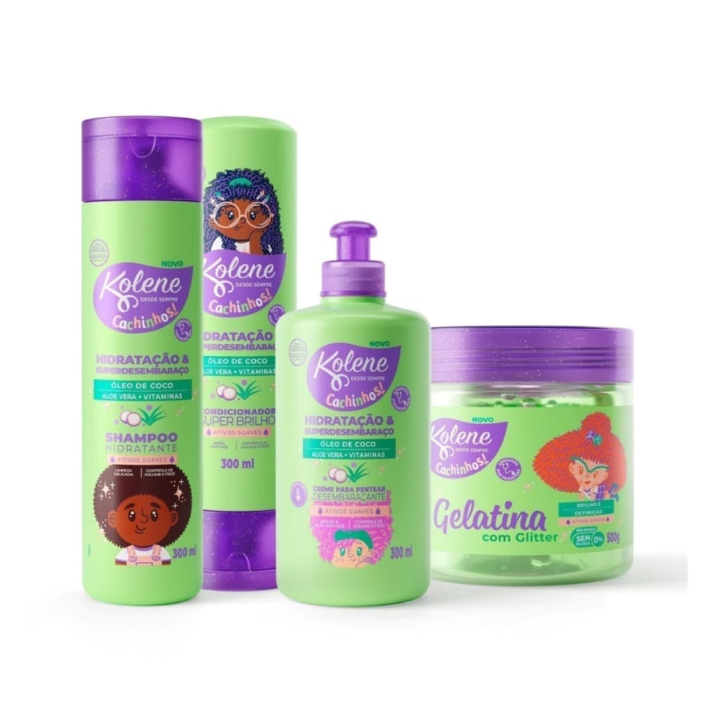 Kit Kolene Cachinhos Infantil Shampoo, Condicionador, Creme para Pentear e Gelatina com Glitter