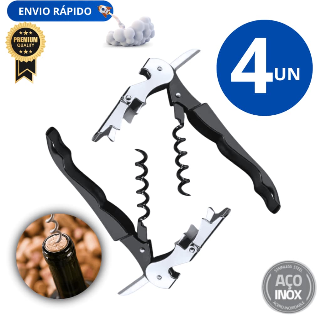 Jogo Conjunto Kit 4 unidades Saca Rolhas 3 Em 1 Abridor De Garrafa Vinho Reforçado Linha Premium Inox
