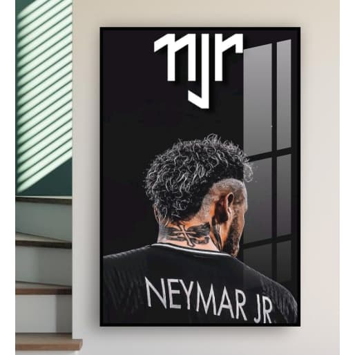 Quadro decorativo Neymar Jr NJR tons preto futebol arte sala hall quarto 60x30cm