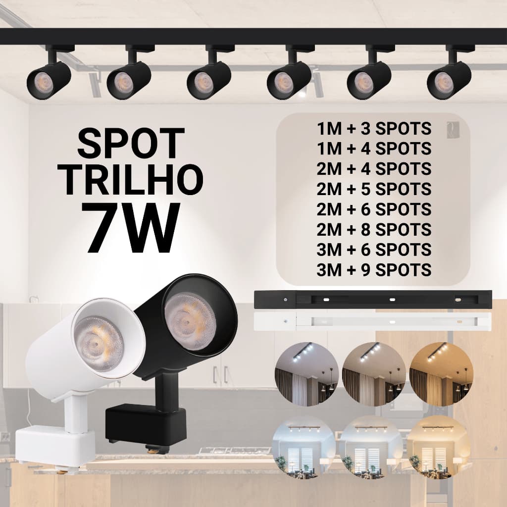 Kit Trilho Spot 7w Led Eletrificado Preto Branco Luz Branco Frio, Neutro ou Quente Interno Bivolt