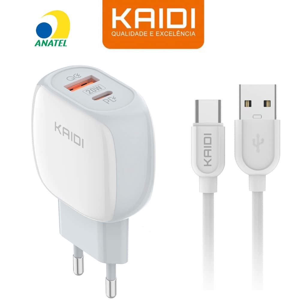 Carregador Turbo 20W USB C Duplo PD Kaidi Kd-106 duas saídas