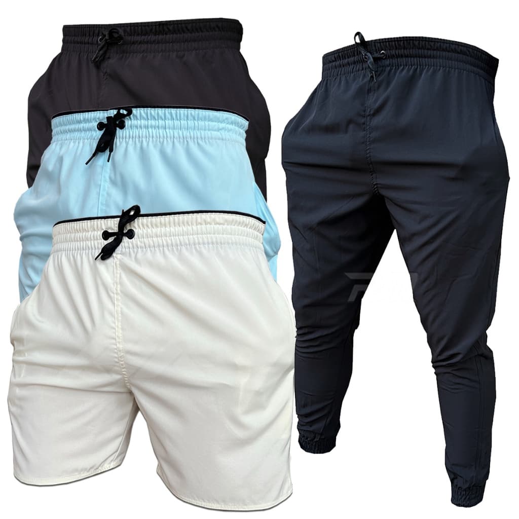 Kit 3 Shorts e 1 Calça de Elastano com Punho de Academia Corrida 2 bolsos Reforçado