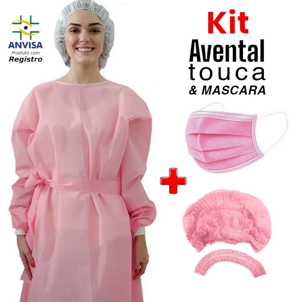 Kit Touca + Mascara + Avental Descartável M/Longa Rosa TNT com Gr. 40 gramatura