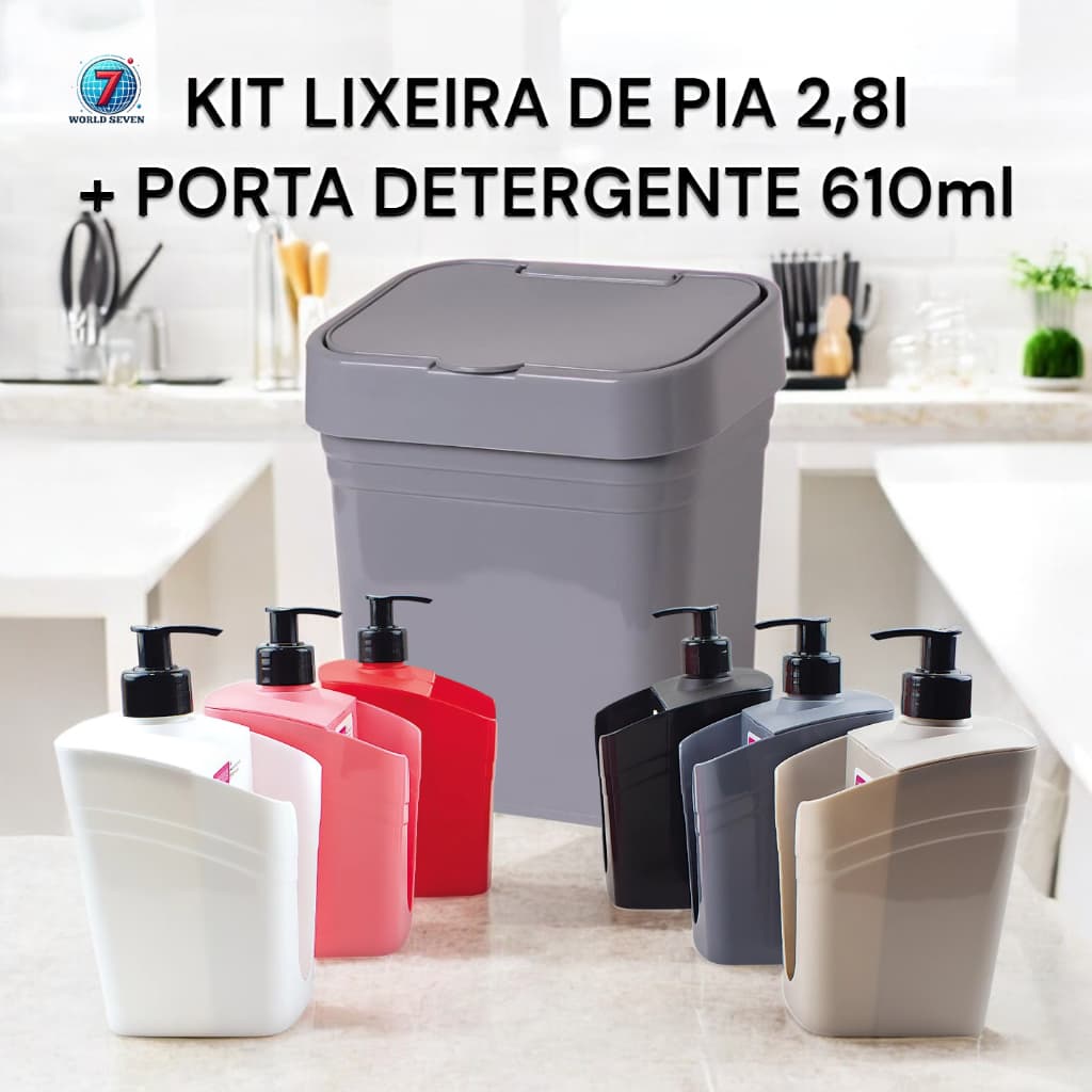 Kit Lixeira Pia 2,8l c/Tampa Inteligente + Porta Detergente c/ Compartimento Esponja 610ml p/Cozinha