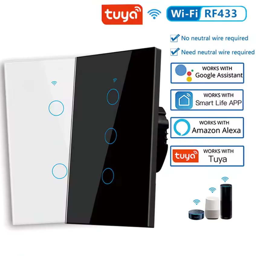 Interruptor Inteligente WiFi Tuya Touch Parede 2/3/4 Botões Compatível Alexa Google Home