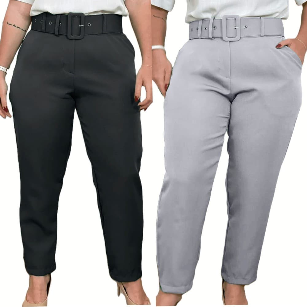 Kit 2 Calças Alfaiataria mais cinto plus Size elegante  casual Promoção