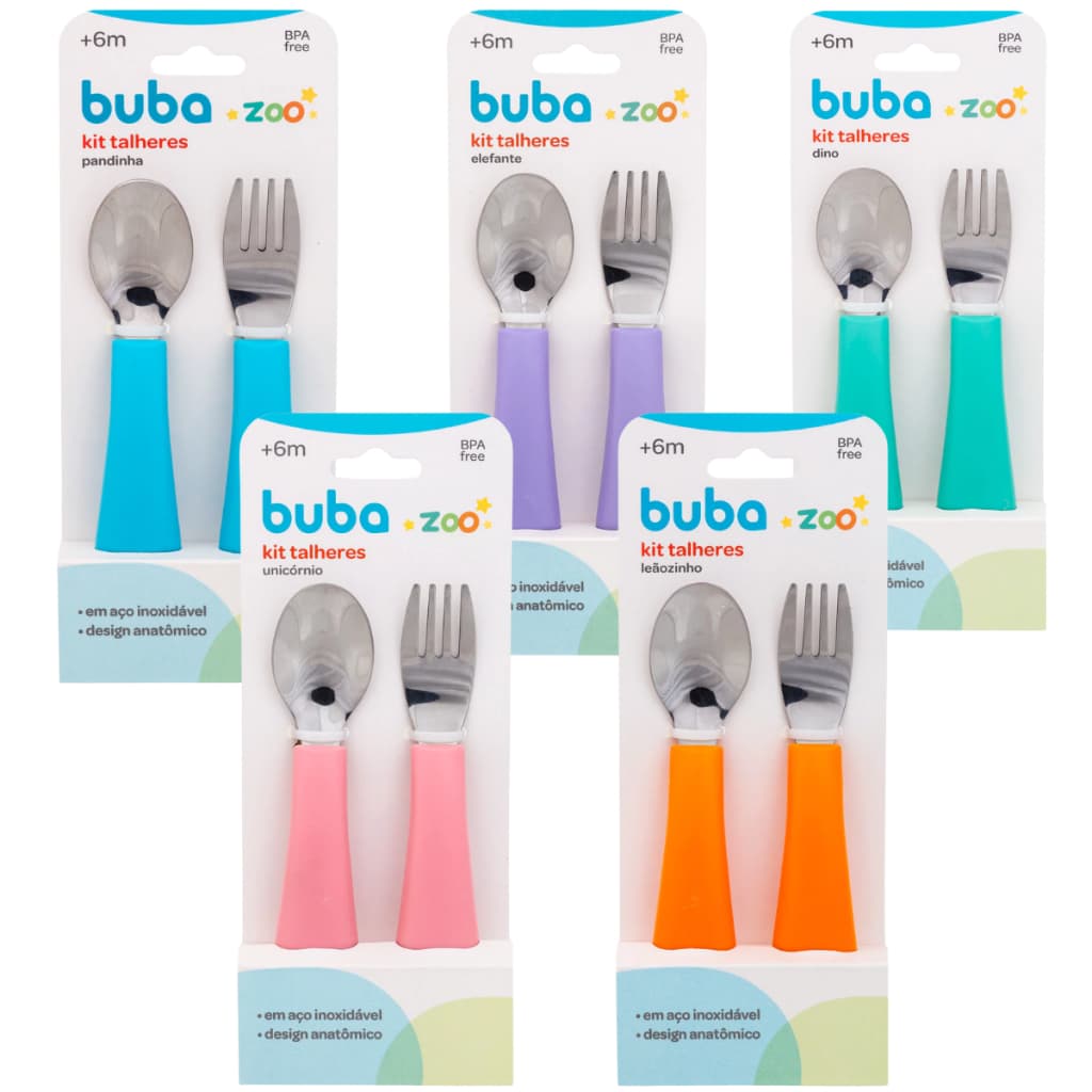 Kit Talheres Infantil Buba Zoo Garfo E Colher de Aço Inoxidável Anatômicas Pontas Arredondadas