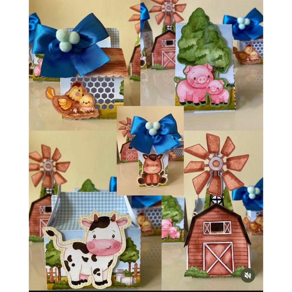 Kit festa caixas personalizadas lembrancinha fazendinha azul - Apliques em 3D