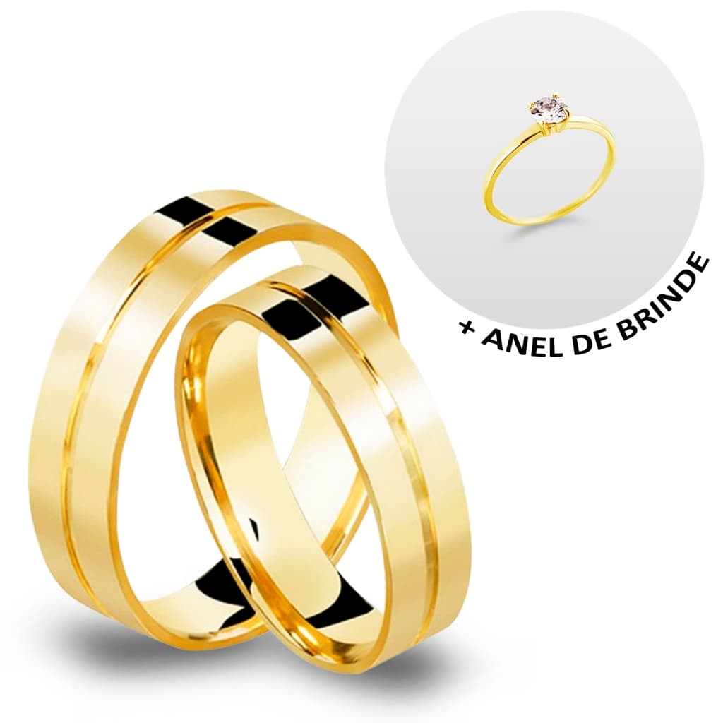 Par De Aliança Moeda Antiga Reta Friso Mais Anel Solitário Casamento Noivado Namoro 6mm Dourada