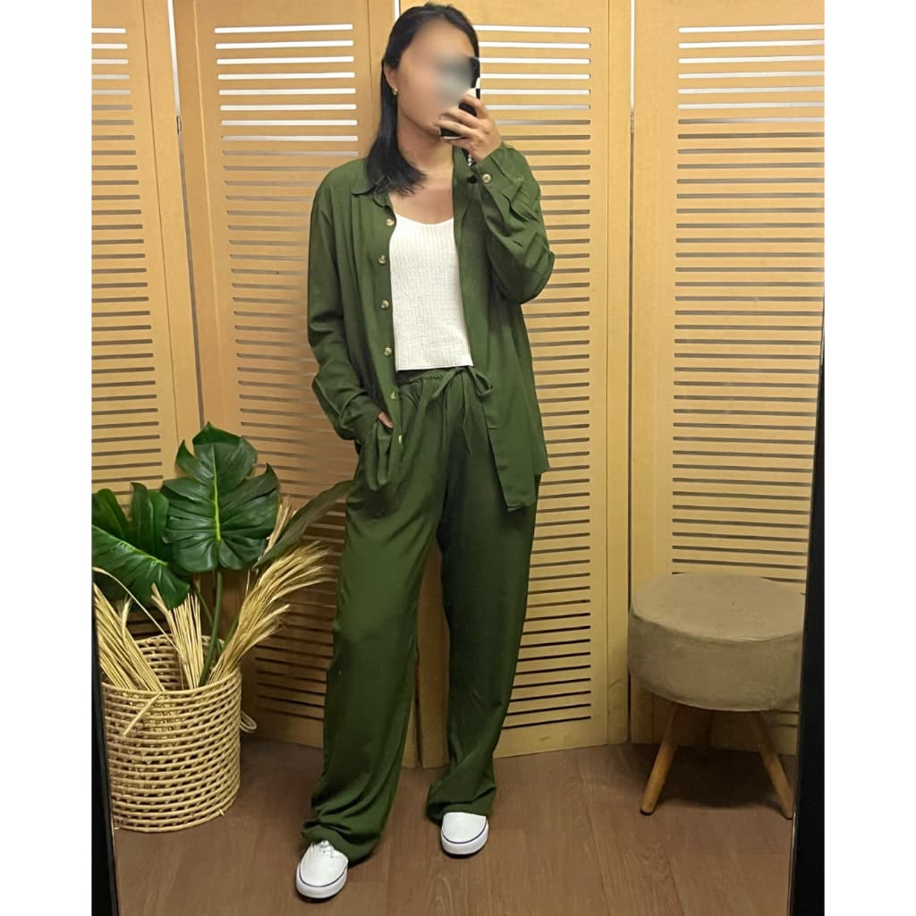 Conjunto Feminino Viscolinho Camisa Manga Longa Calça com Elástico Confortável Casual