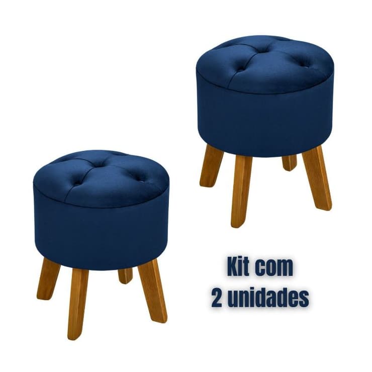 Puff de madeira kit 2 unidades redondo veludo capitone