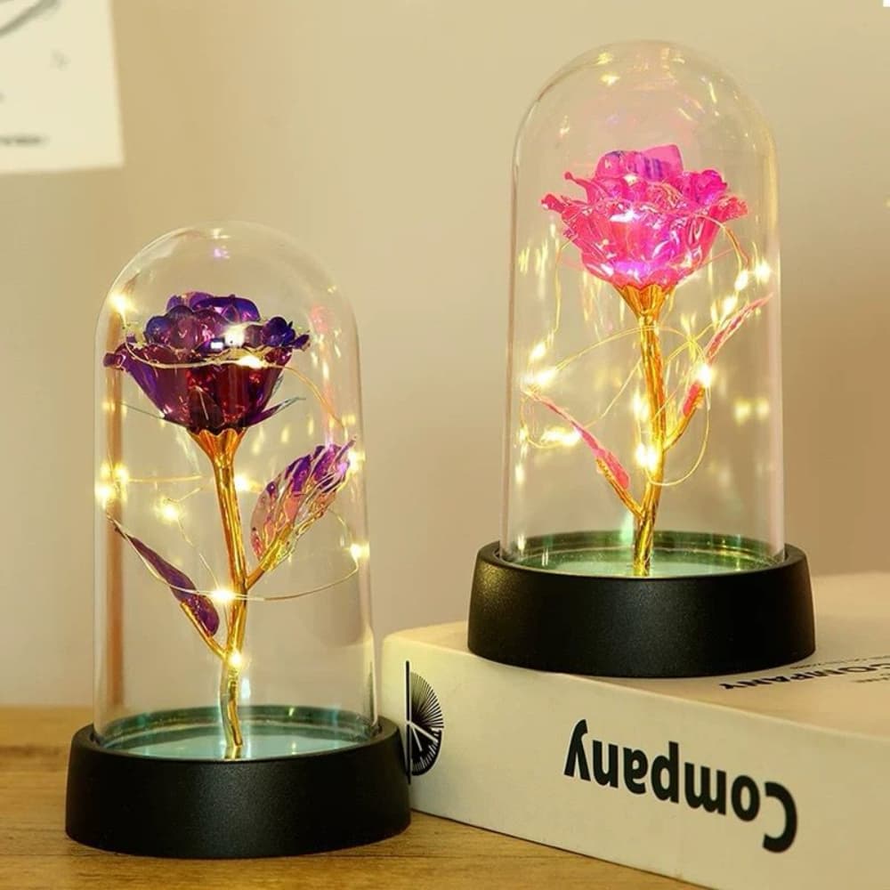 Rosa Encantada com Luz LED-Flor Eterna Decorativa em Cúpula de Acrílico