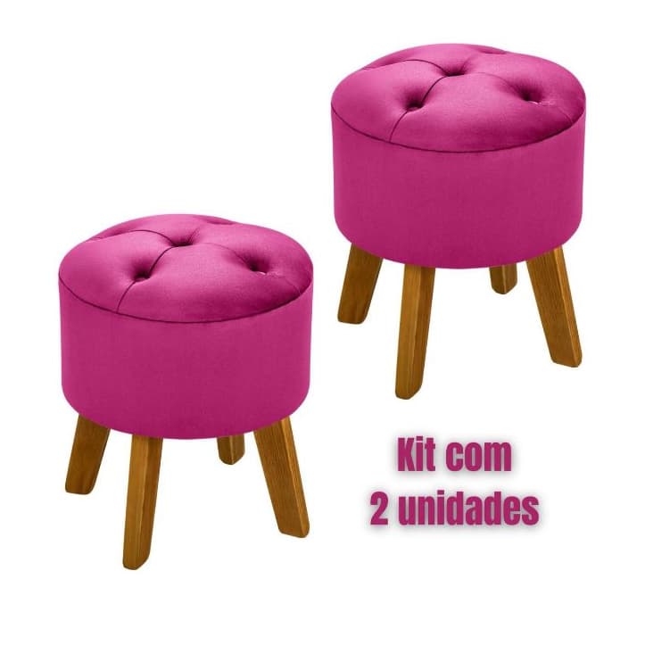 Kit banqueta puff Pink veludo capitone com pe madeira