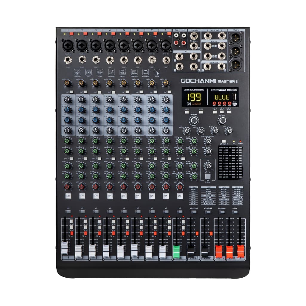Mesa de Som GOCHANMI Master8 DJ Mixer 8 Canais 199 Efeitos  Grupos EQ Sweep Phantom 48V 110v/220v