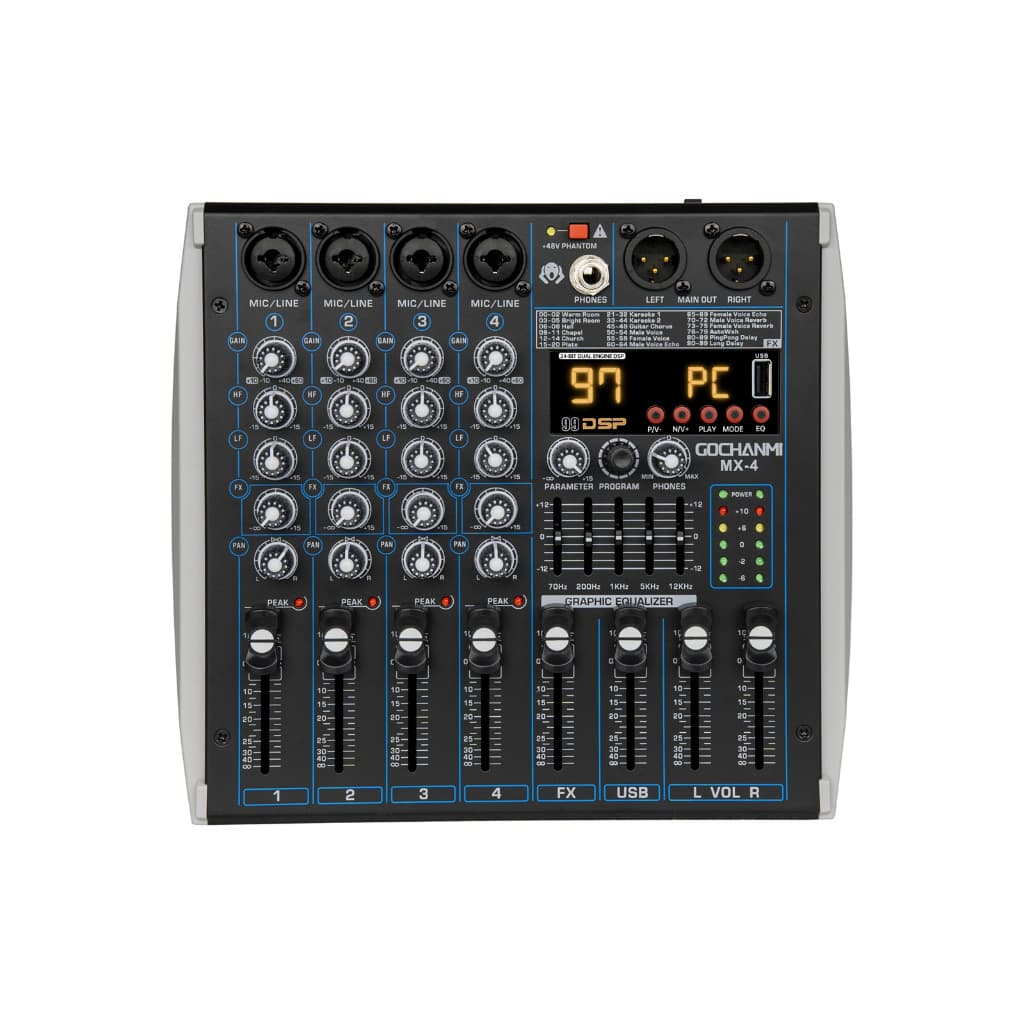 Mesa de Som Profissional Gochanmi MX4 Mixer DJ 4 Canais USB com 48V e 99 DSP 110v/220v