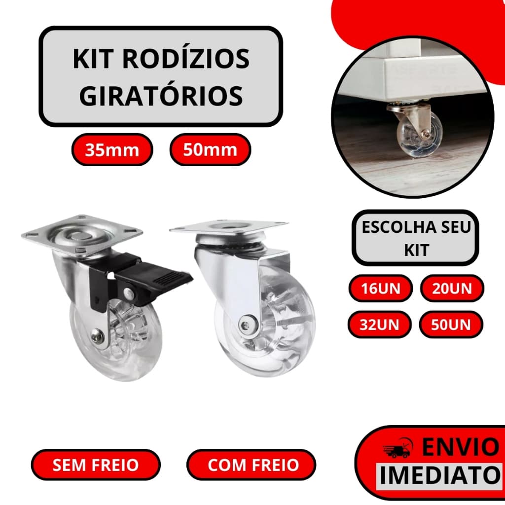 Monte Seu Kit De Rodizio Giratório Gel Rodinha Silicone  Com Trava e Sem Trava - 35mm 50mm