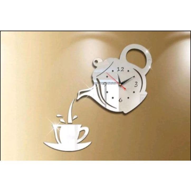 Relógio Parede  De Acrílico Espelhado Criativo Bule Xícara Café Chá Sala Escritório