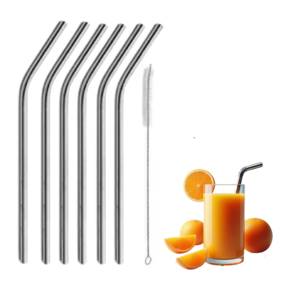 Kit  Canudos Reutilizável Curvo Reto De Aço Inox + Escova Limpeza