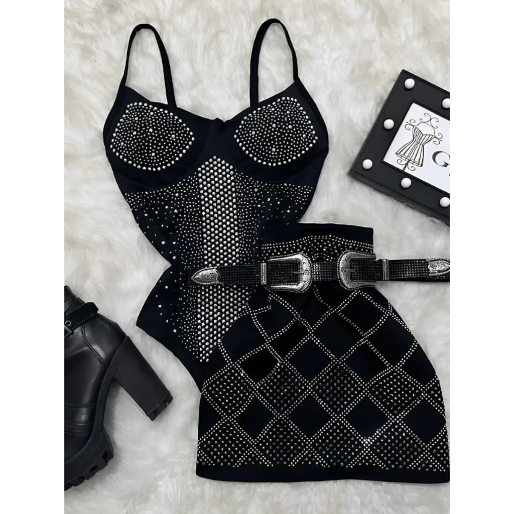Conjunto Feminino Body Pedraria E Saia Pedraria